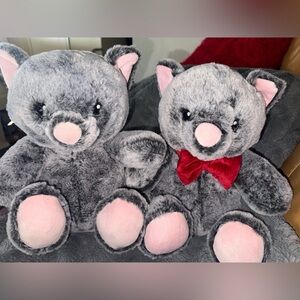 Twin Gray Plush Teddy Bears with Red Bow